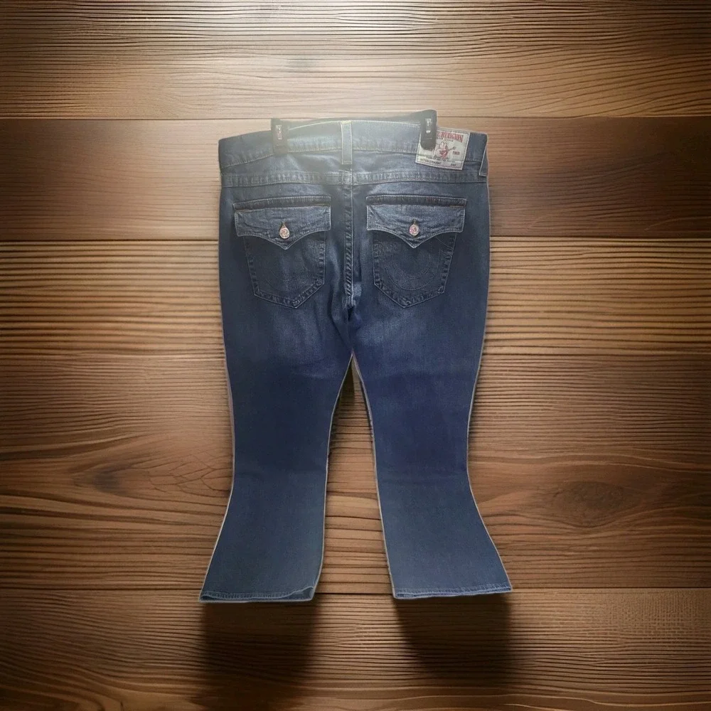 True Religion Ricky Jeans Mens 38x32 Distress Blue Straight Leg Flap Pocket‎